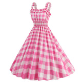 1950s Dresses for Women Vintage Rockabilly Retro Straps Pink Plaid A-line Swing Midi Dress