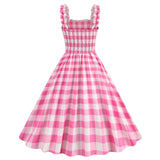 1950s Dresses for Women Vintage Rockabilly Retro Straps Pink Plaid A-line Swing Midi Dress