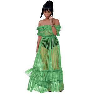 Women Sexy Lace Off Shoulder Mesh See Through Long Pleated Maxi Dress Club Party Gown