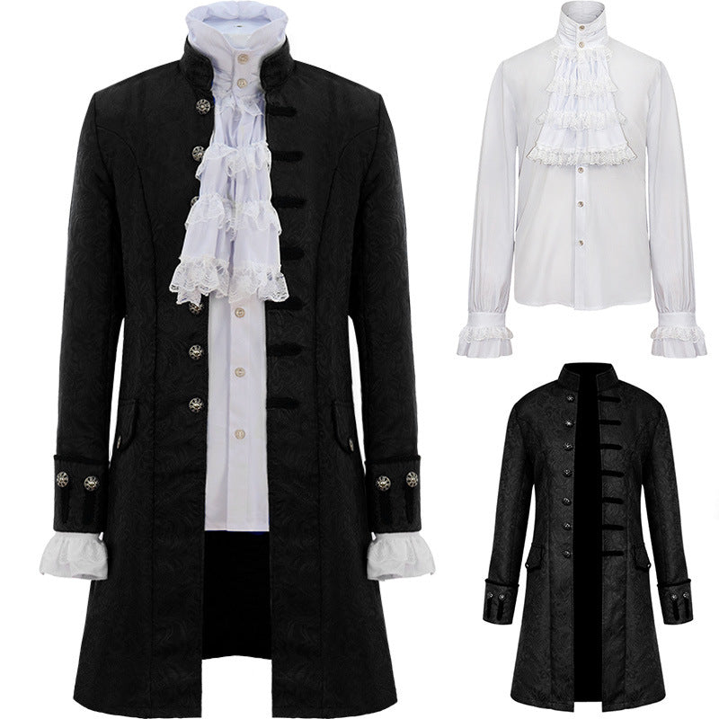 Men's Steampunk Jacket Gothic Frock Tailcoat Uniform Halloween Costume with Shirt