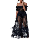 Women Sexy Lace Off Shoulder Mesh See Through Long Pleated Maxi Dress Club Party Gown