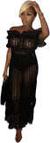 Women Sexy Lace Off Shoulder Mesh See Through Long Pleated Maxi Dress Club Party Gown