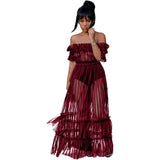 Women Sexy Lace Off Shoulder Mesh See Through Long Pleated Maxi Dress Club Party Gown