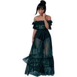 Women Sexy Lace Off Shoulder Mesh See Through Long Pleated Maxi Dress Club Party Gown