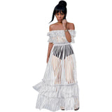 Women Sexy Lace Off Shoulder Mesh See Through Long Pleated Maxi Dress Club Party Gown