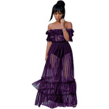 Women Sexy Lace Off Shoulder Mesh See Through Long Pleated Maxi Dress Club Party Gown