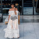 Women Sexy Lace Off Shoulder Mesh See Through Long Pleated Maxi Dress Club Party Gown