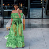 Women Sexy Lace Off Shoulder Mesh See Through Long Pleated Maxi Dress Club Party Gown