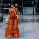 Women Sexy Lace Off Shoulder Mesh See Through Long Pleated Maxi Dress Club Party Gown
