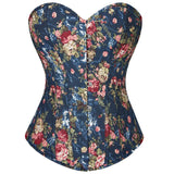 Fashion Womens Vintage Floral Denim Overbust Corset Bustier Top