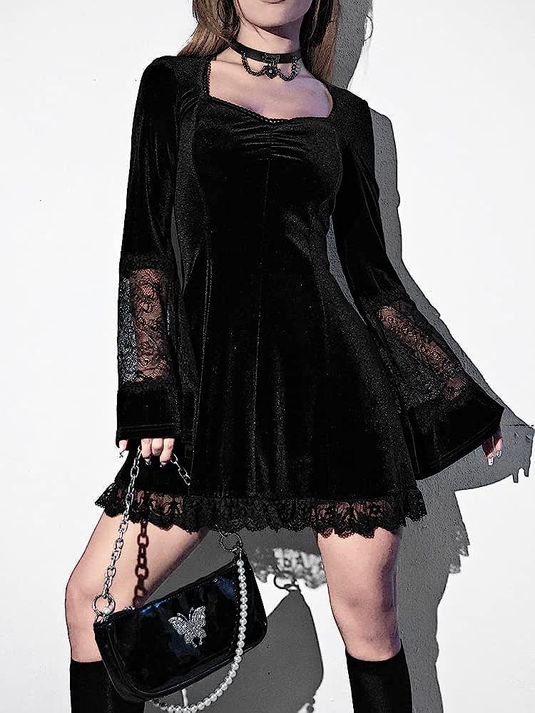 Gothic Dress Plus Size Lace Autumn Long Sleeve Kawaii Black Dress