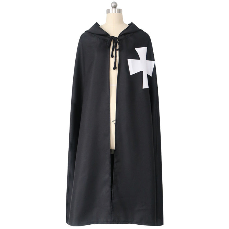 Halloween Cloak Medieval Templar Knight Cape Black or White Hoodie Cosplay Costume