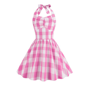 Kid Girls 50's Vintage Plaid Dress A Line Halter Neck Audrey Hepburn Rockabilly Dress