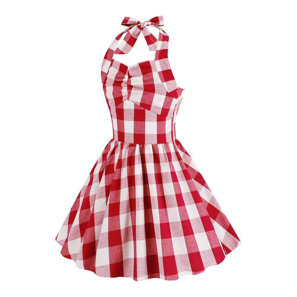 Kid Girls 50's Vintage Plaid Dress A Line Halter Neck Audrey Hepburn Rockabilly Dress
