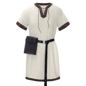 Medieval Renaissance  Stripe Loose Tunic Top with Vintage Belt and Bag Viking Pirate Costume