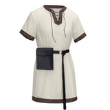 Medieval Renaissance  Stripe Loose Tunic Top with Vintage Belt and Bag Viking Pirate Costume
