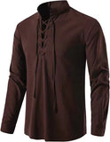 Men's 100% Cotton Retro Style Lace up Long Sleeve Shirts for Medieval Viking Hippie