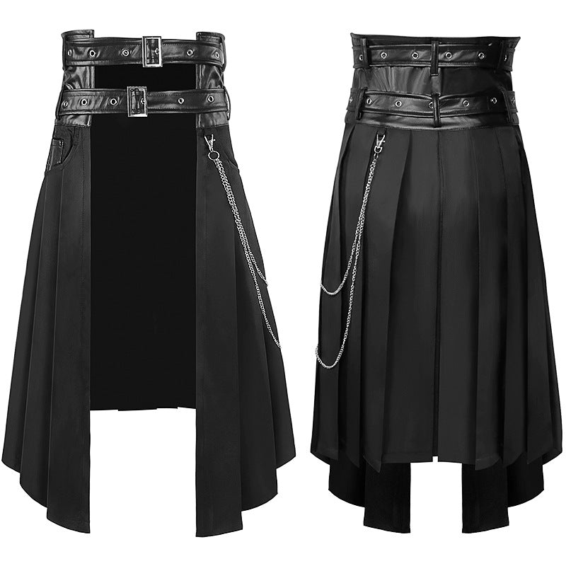 Men's Leather Skirts Medieval Cosplay Gothic Punk Maxi Chain Cosplay Skirt