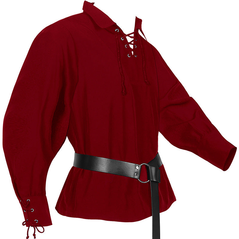 Men's Medieval Renaissance Viking Pirate Costume Long Sleeve Linen Shirt V Neck Lace Up Retro T-Shirt
