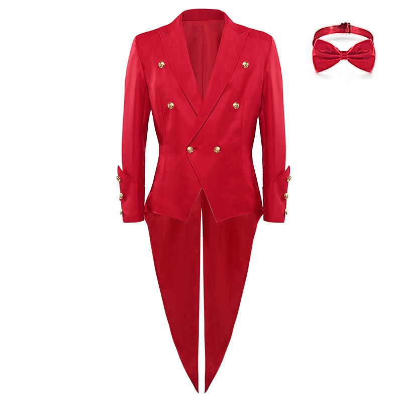 Mens Red Medieval Vintage Tuxedo Jacket Lapel Buttons Lightweight Blazer Swallowtail with Tie