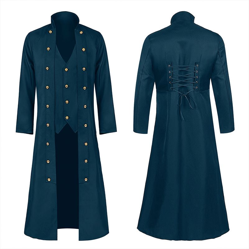Mens Retro Medieval Solid Color Long Sleeve Stand Collar Three Breasted Mens Coat Strap Waist Length Stockade Jacket