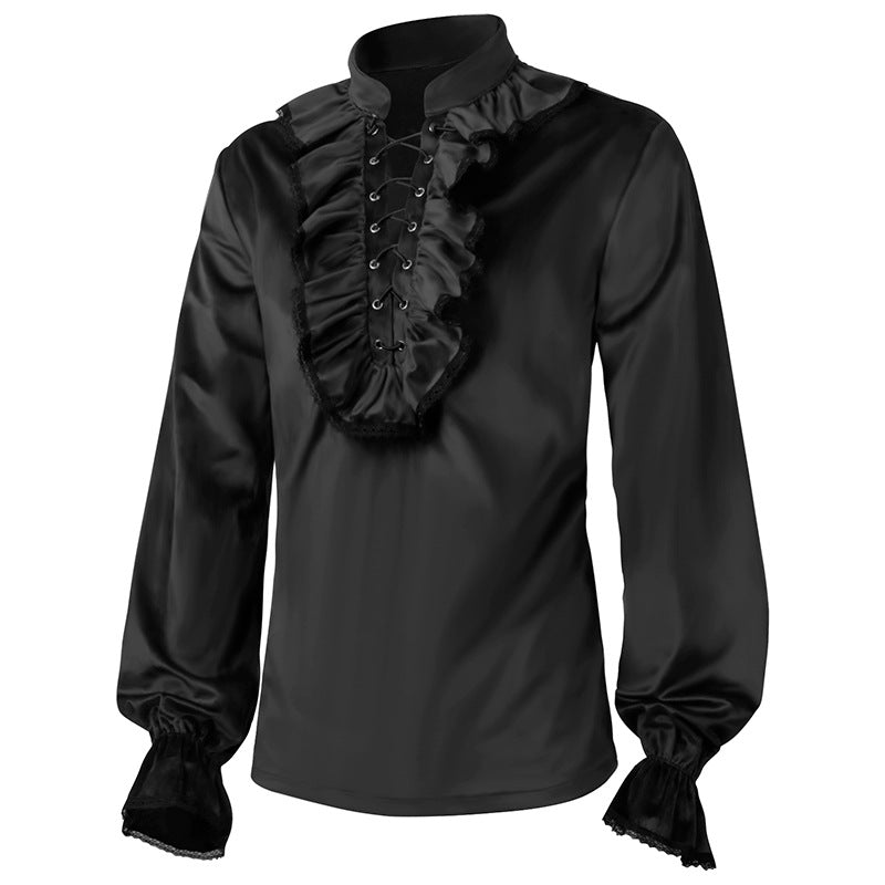 Mens Shirts Linen Shirt Gothic Ruffled Collar Long Sleeves Steampunk Ruffle Shirt