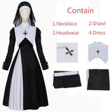 Halloween Nun Costume for Women Cosplay Costume Dress Outfit Nun Habit with Nun Hat&White Collar& Cross Pendant