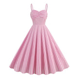 Women's Vintage Pink Plaid Dress Spaghetti Strap Gingham A-line Swing Cocktail Party Dresses