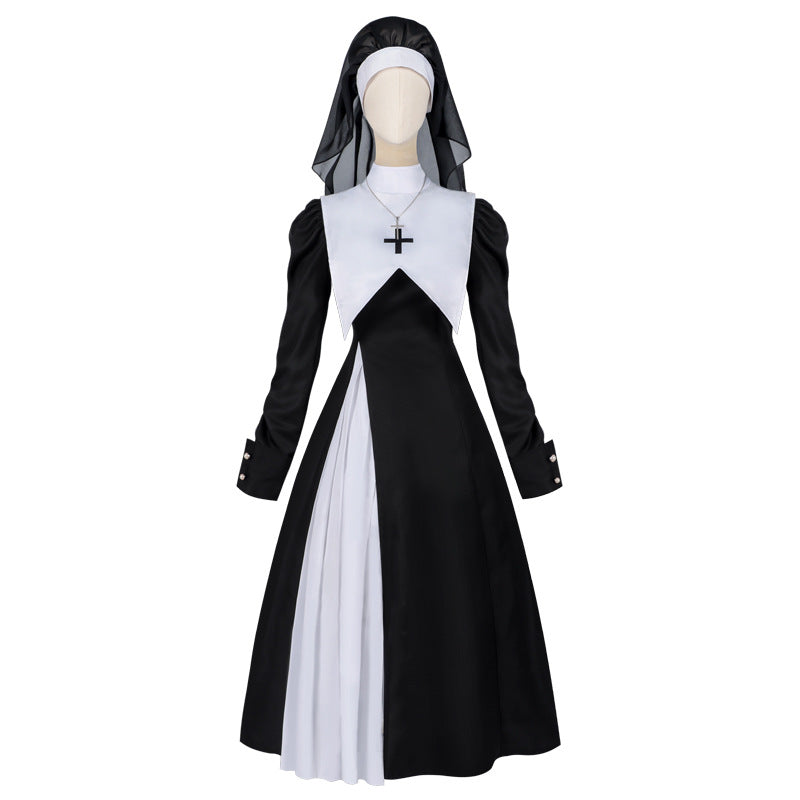 Halloween Nun Costume for Women Cosplay Costume Dress Outfit Nun Habit with Nun Hat&White Collar& Cross Pendant