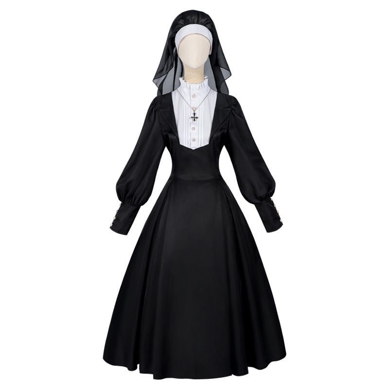 Nun Costume for Women Nun Cosplay Black Dress with Headpiece Halloween Outfit