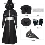5PCS Plague Doctor Mask Costumes Cloak Set for Adults Black Plague Doctor Robe with Gloves Halloween Cosplay Outfit Men