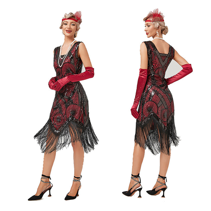 Plus Size 1920s Art Deco Fringed Sequin Dress Flapper Gatsby Costume Dress for Women