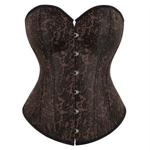 Plus Size Women's Overbust Brown Corset Bustier Satin Floral Lace up Trim Renaissance
