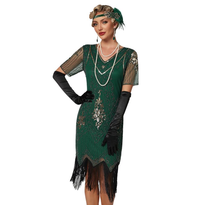 Plus Size 1920s Flapper Dress Gatsby Costume Fringed Sequin Art Deco Dress for Women