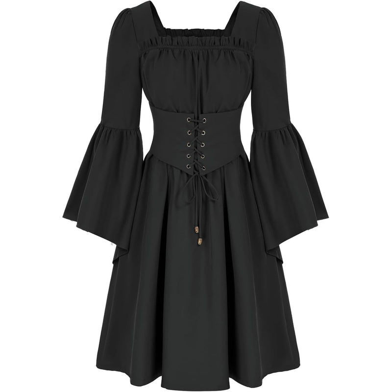 Renaissance Dress Women Medieval Bell Long Sleeve Dress Square Neck Corset Dress Halloween Masquerade Theme Dresse