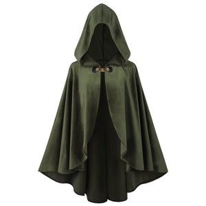 Renaissance Hooded Green Cloak Medieval Velvet Cape with Hood Men Women Capelet for Hobbit Halloween Costume