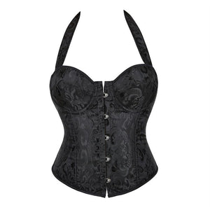Scroll Pattern Halter Neck Backless Black Overbust Corset
