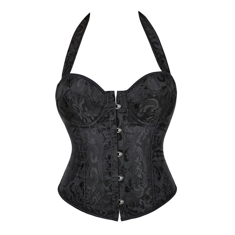 Scroll Pattern Halter Neck Backless Black Overbust Corset