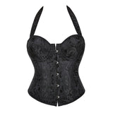 Scroll Pattern Halter Neck Backless Black Overbust Corset
