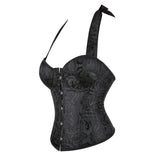Scroll Pattern Halter Neck Backless Black Overbust Corset