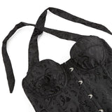 Scroll Pattern Halter Neck Backless Black Overbust Corset