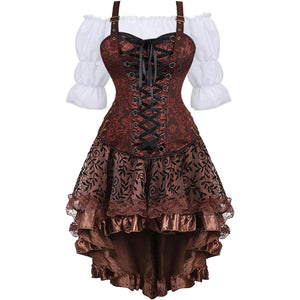 Steampunk Corset Bustier Top Dress Skirt with Tutu 3 Set Plus Size Vintage Lace up Gothic Costume