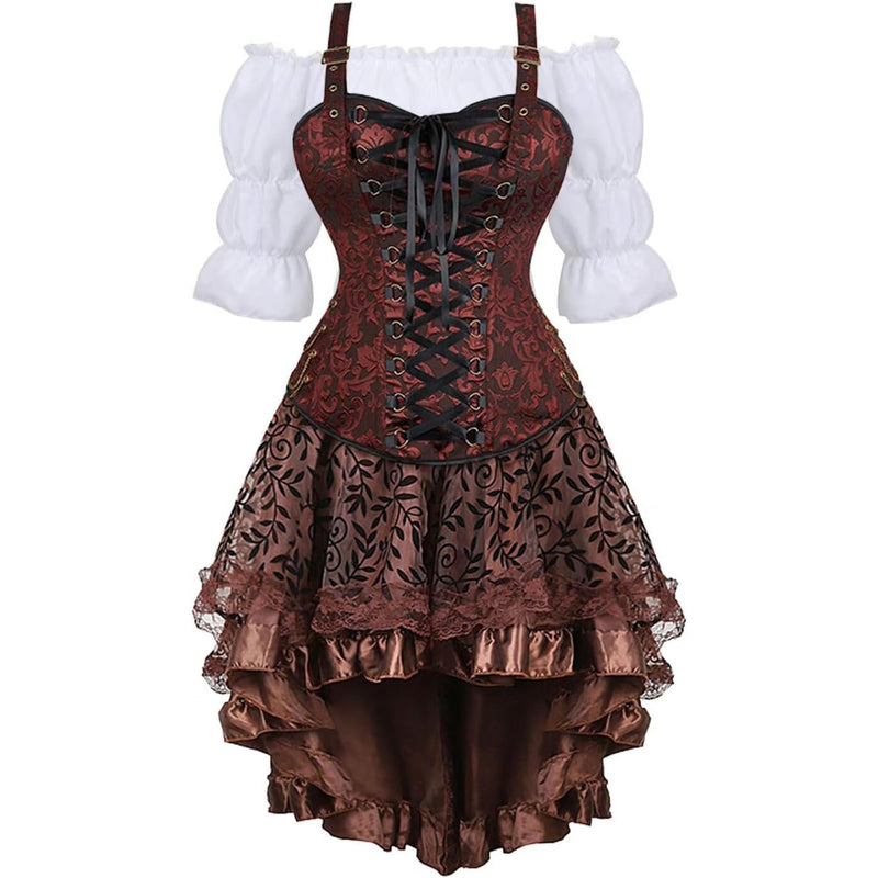 Steampunk Corset Bustier Top Dress Skirt with Tutu 3 Set Plus Size Vintage Lace up Gothic Costume