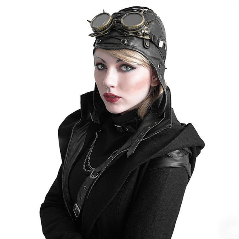Steampunk Pilot Hat with Goggles Motorcycle Faxu Leather Flying Hat Cap