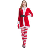 Women's 4 Pcs Mrs Claus Santa Christmas Costume with Hooded Dress with Belt Stockings Gloves