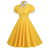 Women 1950s Vintage Short Sleeve Peter Pan Collar Polka Dot A Line Midi Summer Dress Cocktail Party Evening Prom Gown