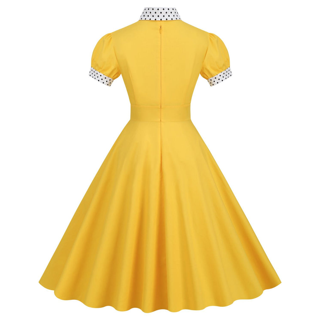 Women 1950s Vintage Short Sleeve Peter Pan Collar Polka Dot A Line Midi Summer Dress Cocktail Party Evening Prom Gown