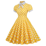 Women 1950s Vintage Short Sleeve Peter Pan Collar Polka Dot A Line Midi Summer Dress Cocktail Party Evening Prom Gown