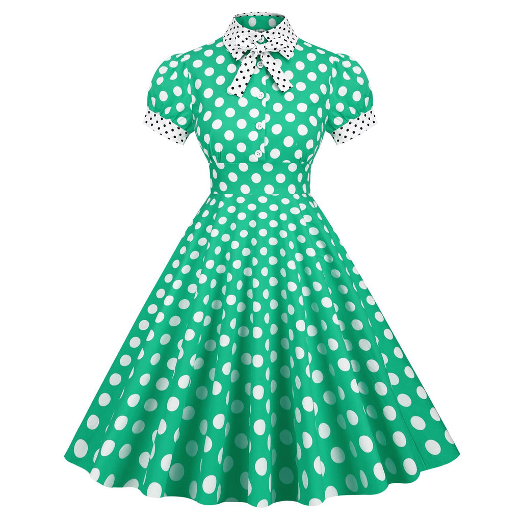 Women 1950s Vintage Short Sleeve Peter Pan Collar Polka Dot A Line Midi Summer Dress Cocktail Party Evening Prom Gown