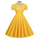 Women 1950s Vintage Short Sleeve Peter Pan Collar Polka Dot A Line Midi Summer Dress Cocktail Party Evening Prom Gown